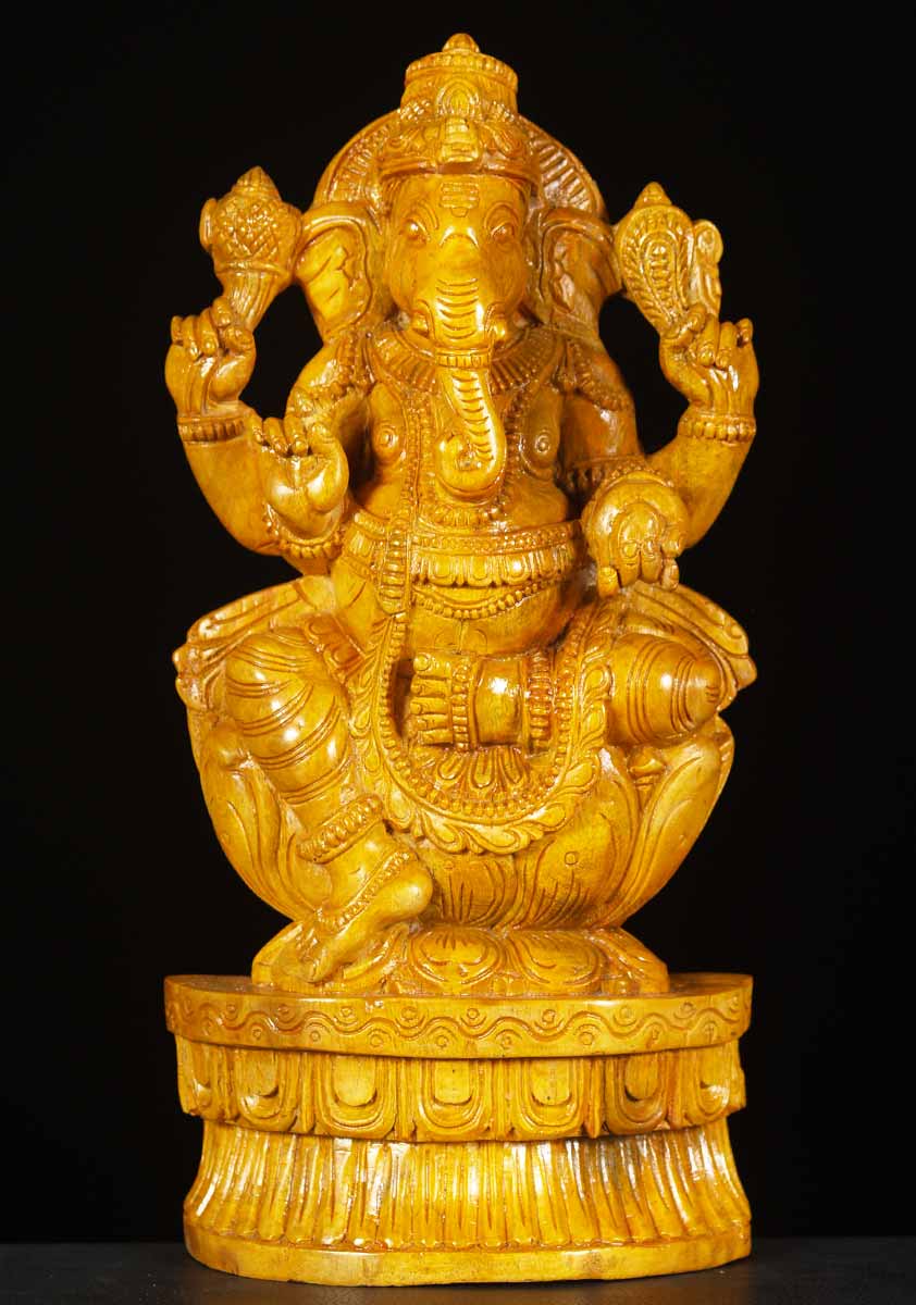 Wooden Ganesh Statue on Lotus 18"